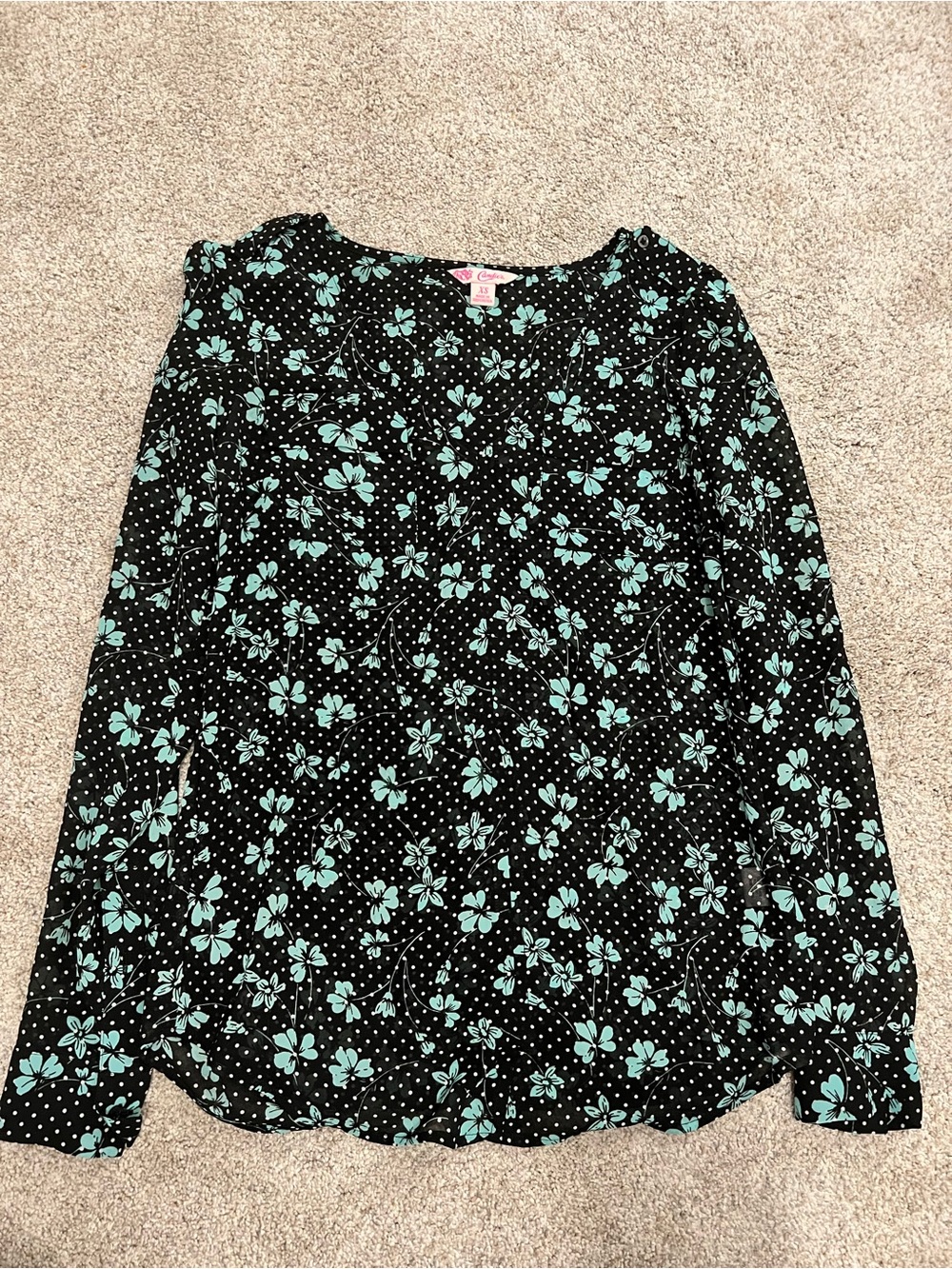 Candie’s Black and Mint Floral Long-Sleeve Sheer Women's Top - XS